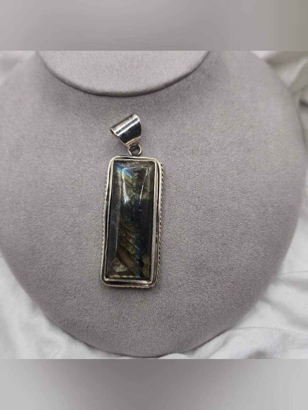 Source Unknown Silver Labradorite Rectangular Pendant - Blue Green Iridescent